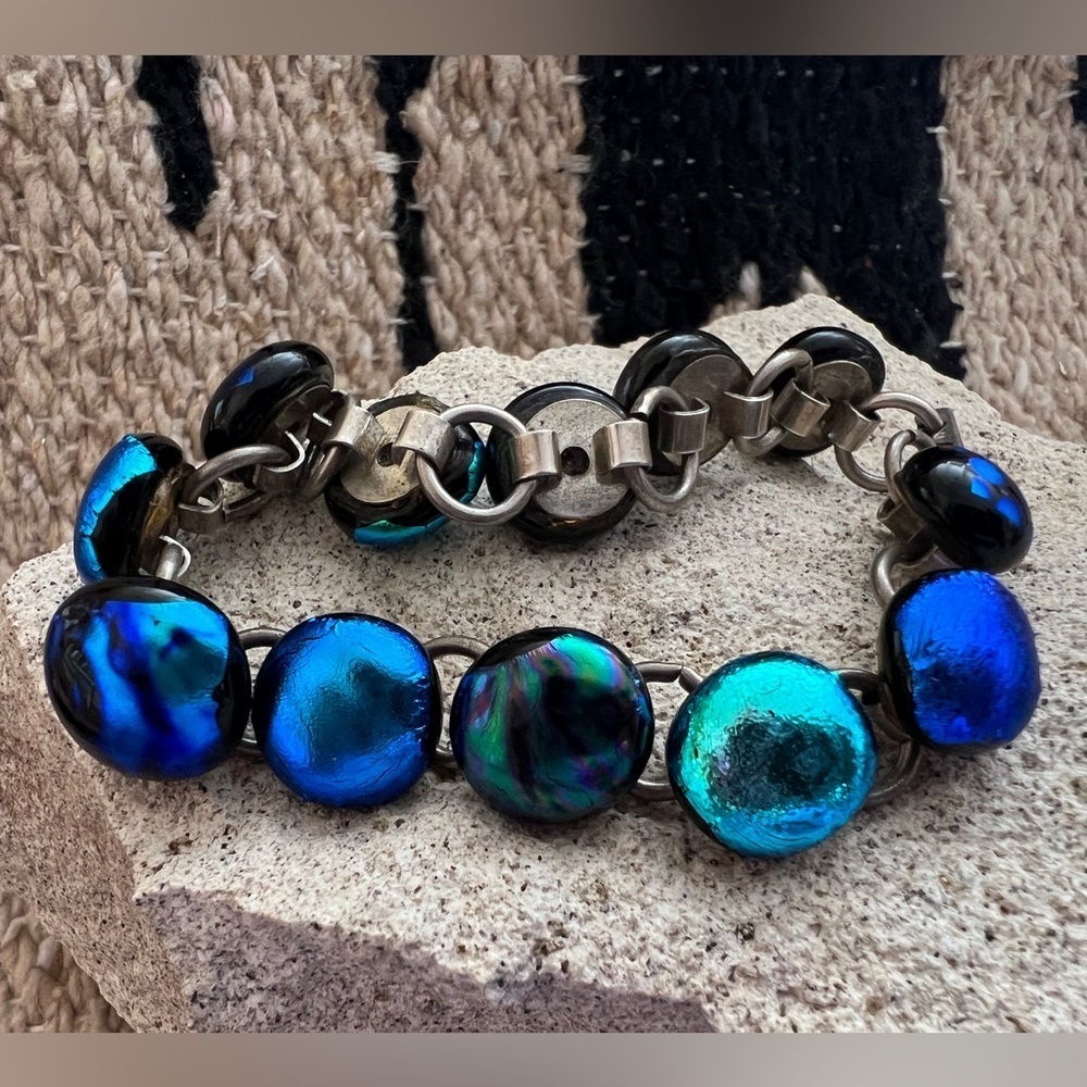ā¤ļø Vintage Old Dichroic Glass Cabochon Sterling Silver Sz 7.5 Bracelet 30.1Gm